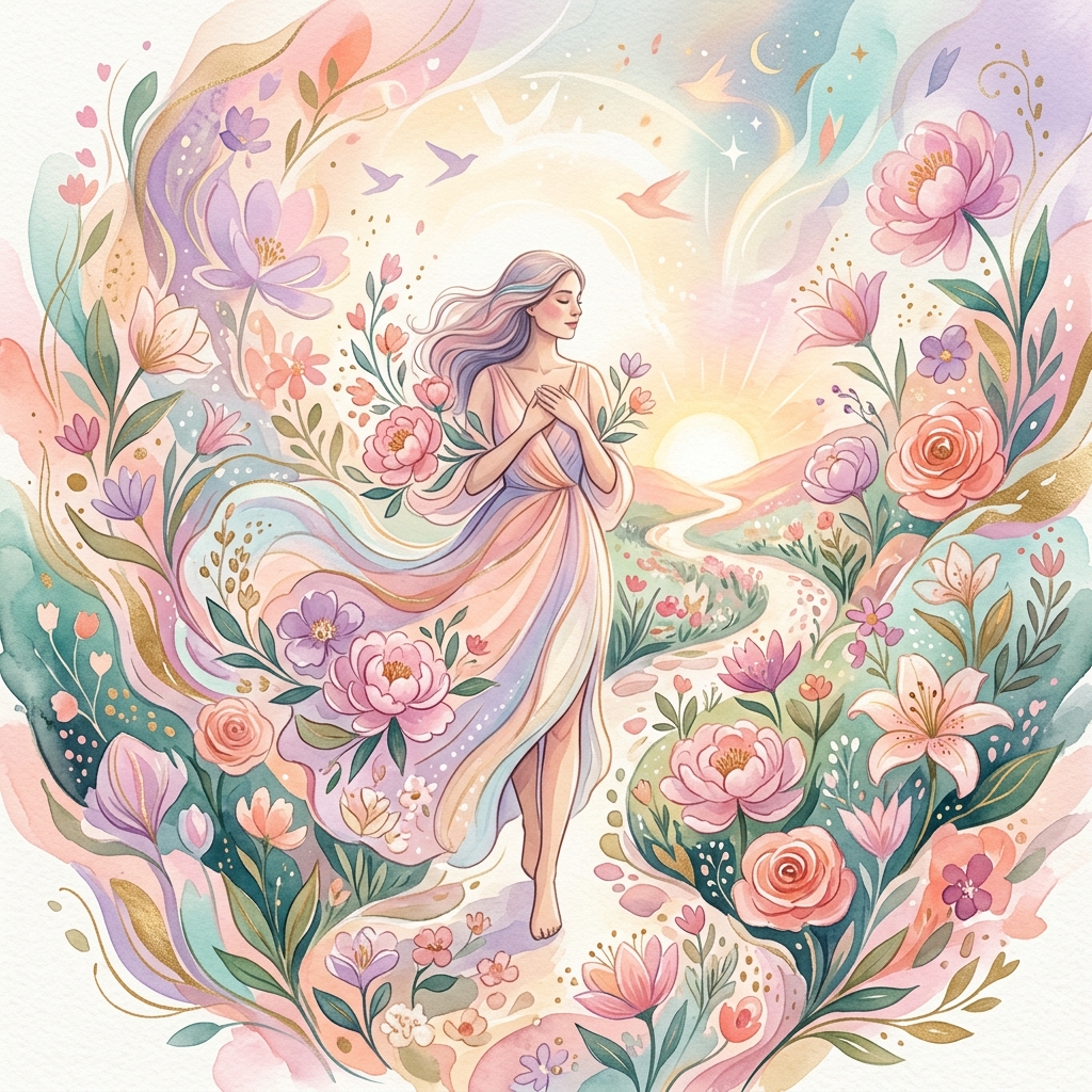Abstract serene illustration of a woman embarking on a healing journey